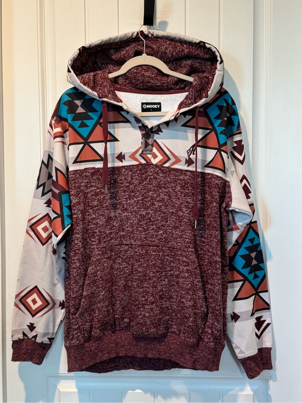 Hooey Maroon Hoodie with Teal & Rust Aztec Panels